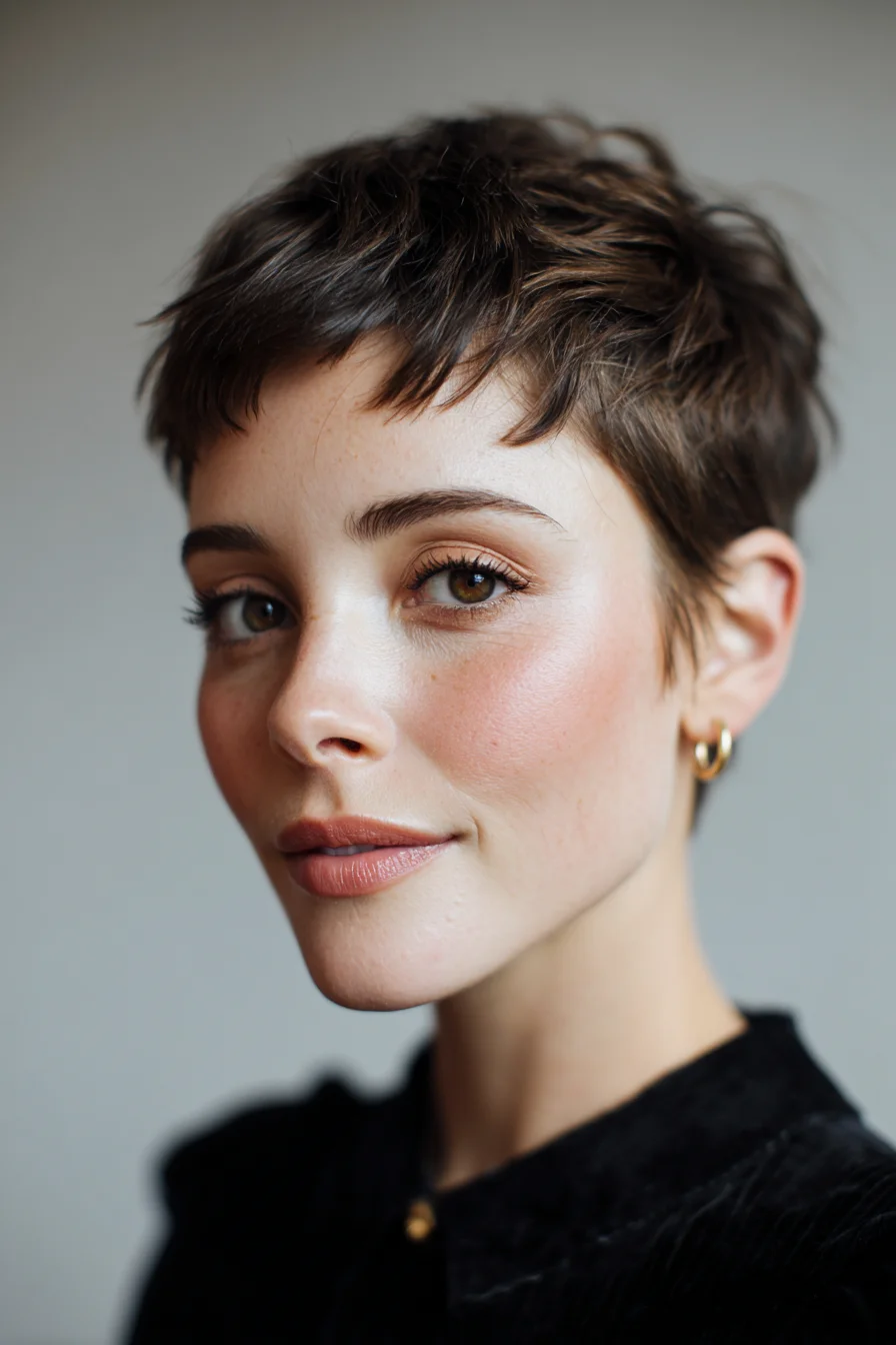 Textured Short Pixie Cut with Micro Fringe — Soft Tousled Finish