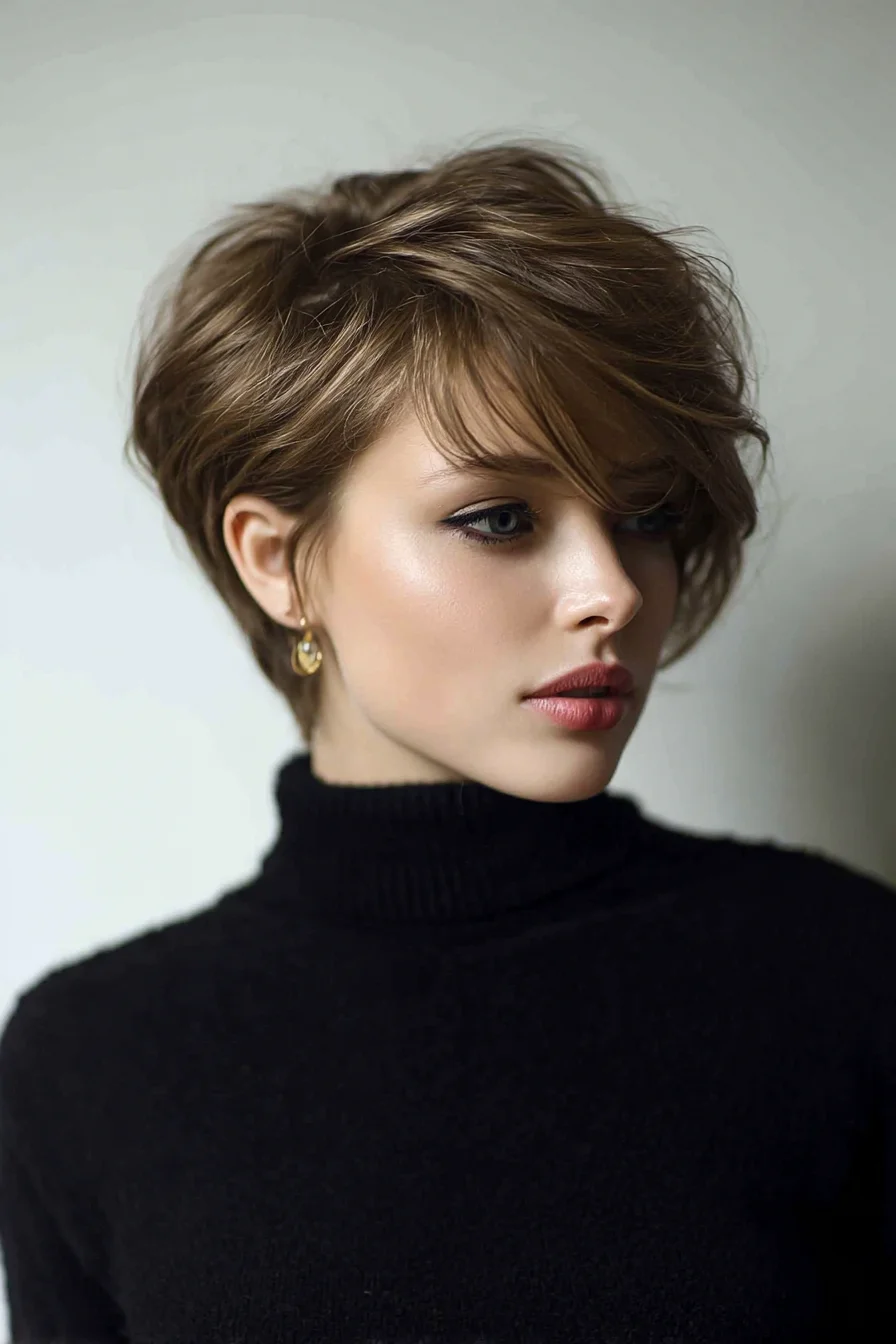 Textured Short Pixie with Long Side‑Swept Fringe and Crown Volume
