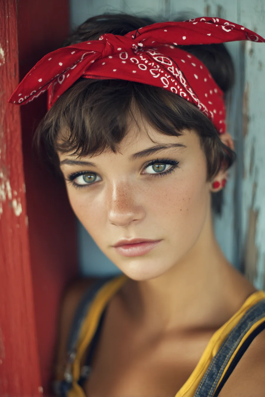 Textured Short Pixie with Red Bandana Headwrap and Soft Fringe