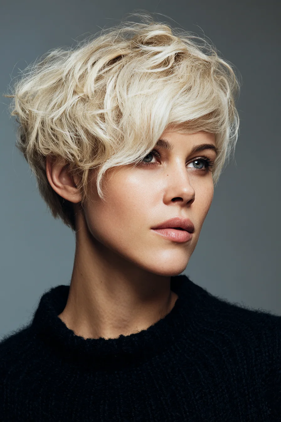 Textured Short Pixie with Side-Swept Fringe — Tousled Blonde Volume