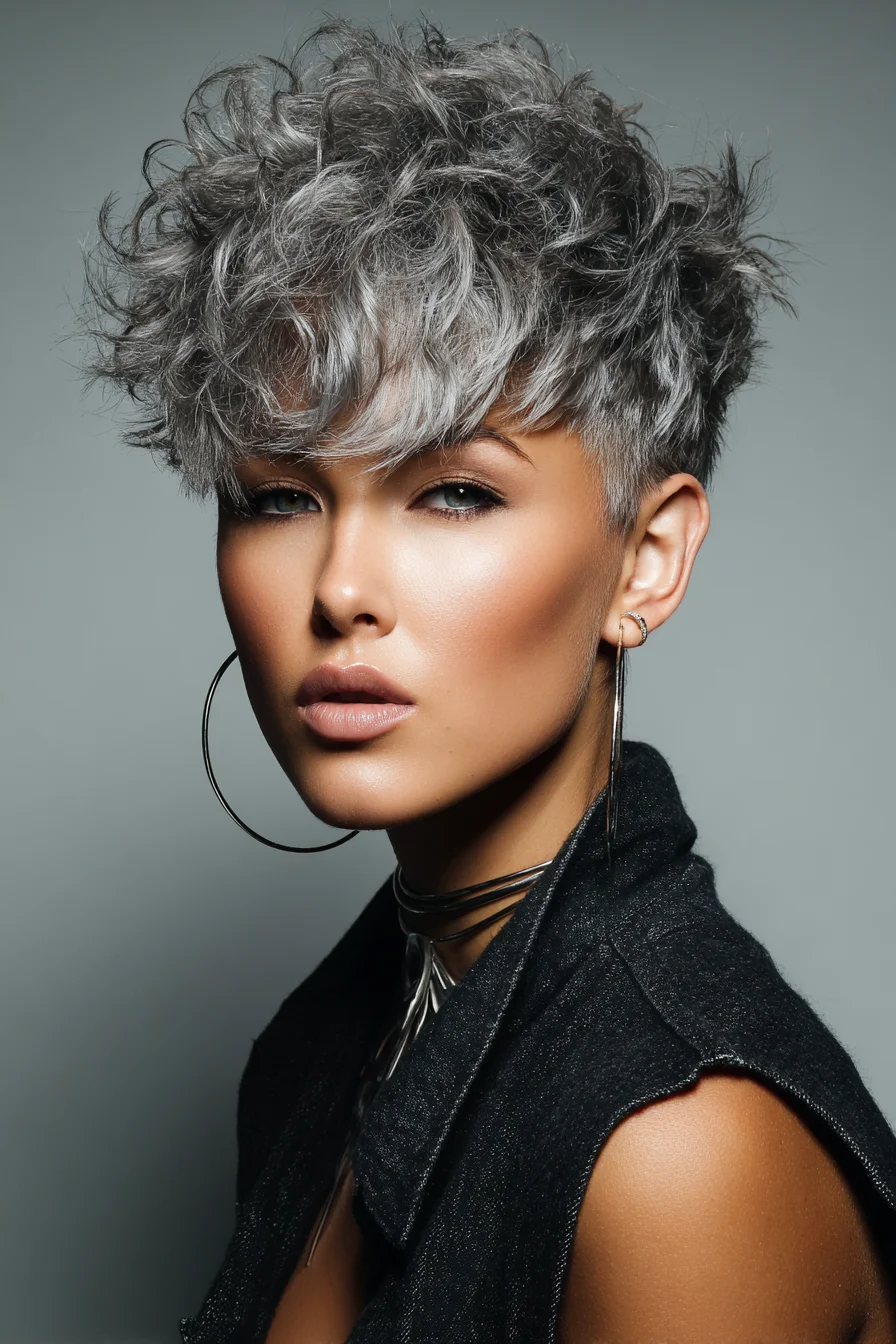 Textured Short Pixie with Tousled Fringe — Silver Gray Piecey Layers