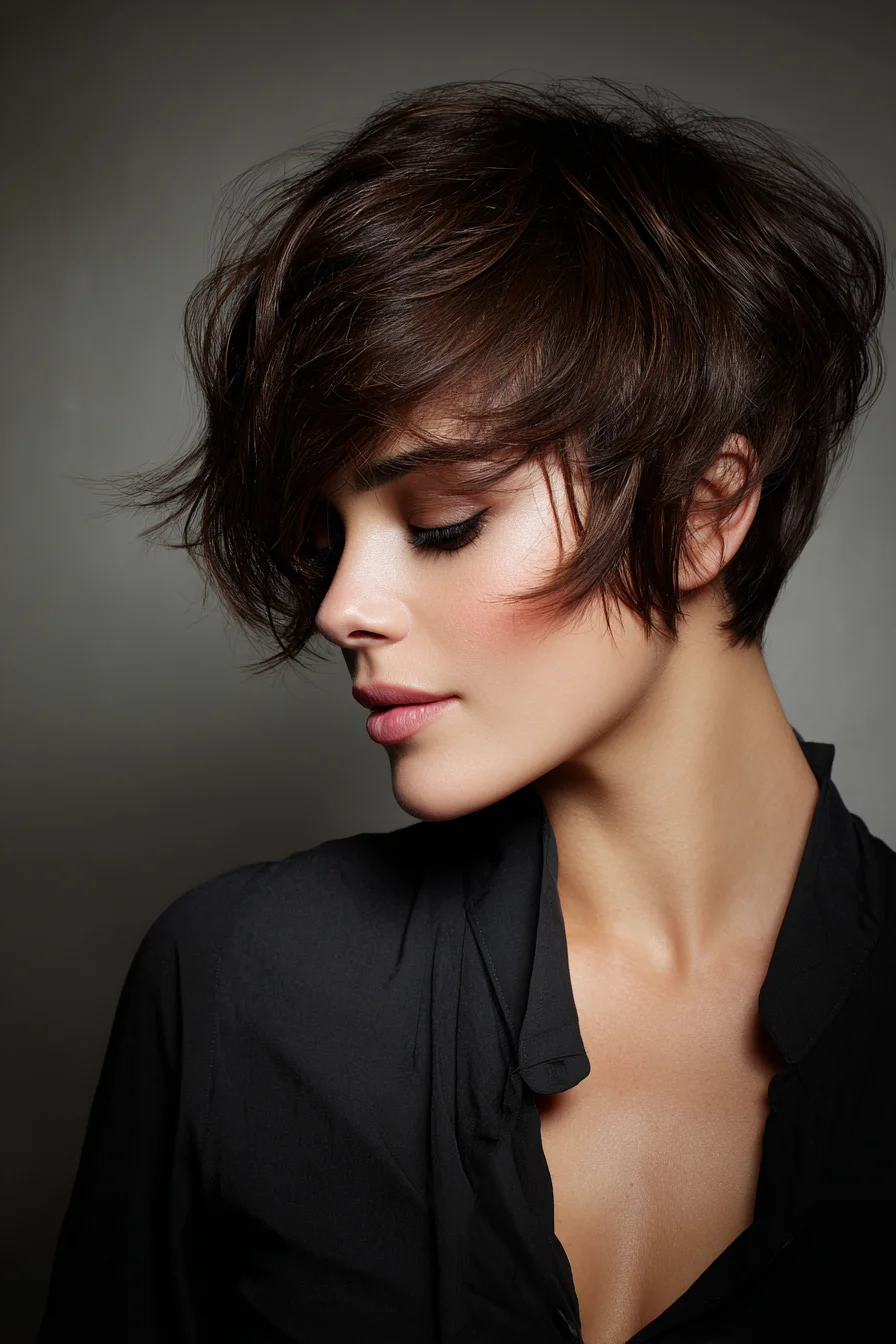 Textured Short Shag Pixie with Long Side-Swept Fringe
