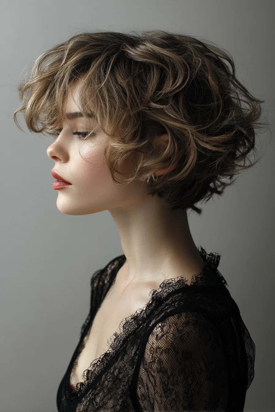 Textured Short Wavy Bob with Long Side Fringe