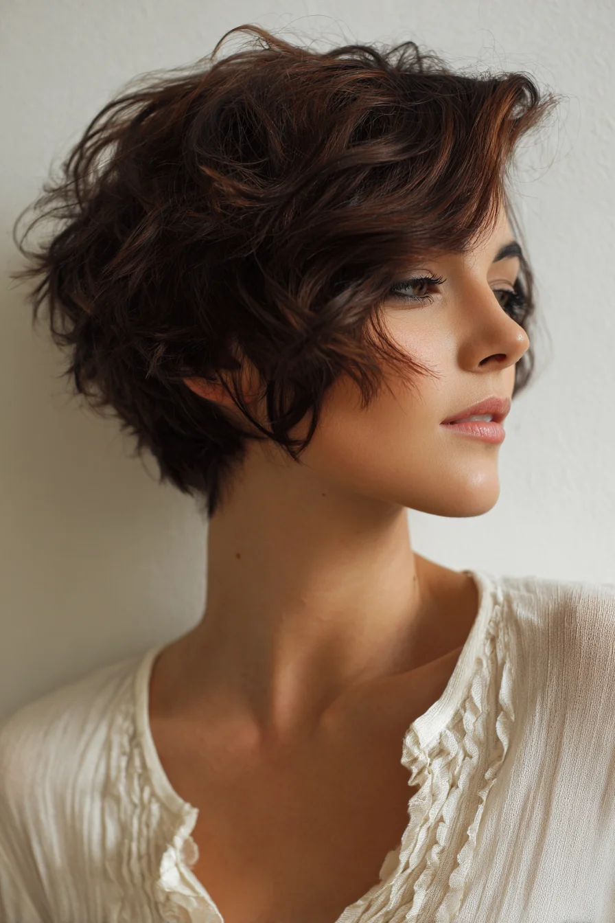 Textured Short Wavy Pixie with Layered Fringe