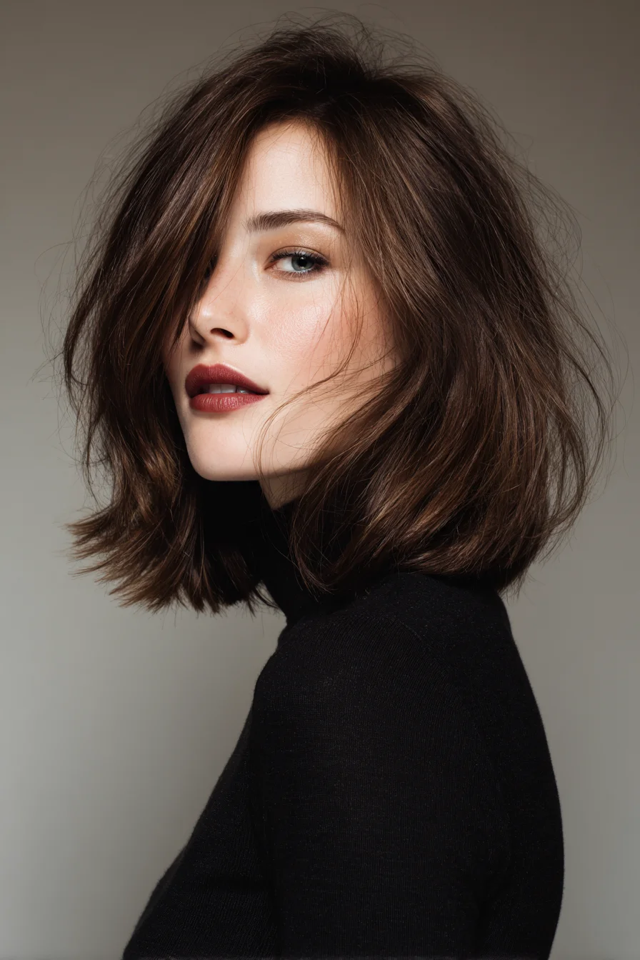 Textured Shoulder-Grazing Bob with Long Face-Framing Fringe
