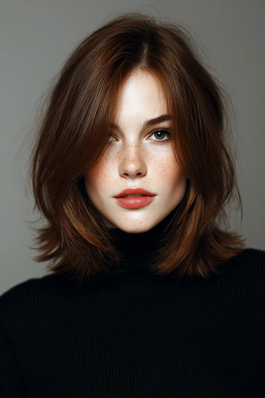 Textured Shoulder-Length Layered Lob with Curtain Bangs