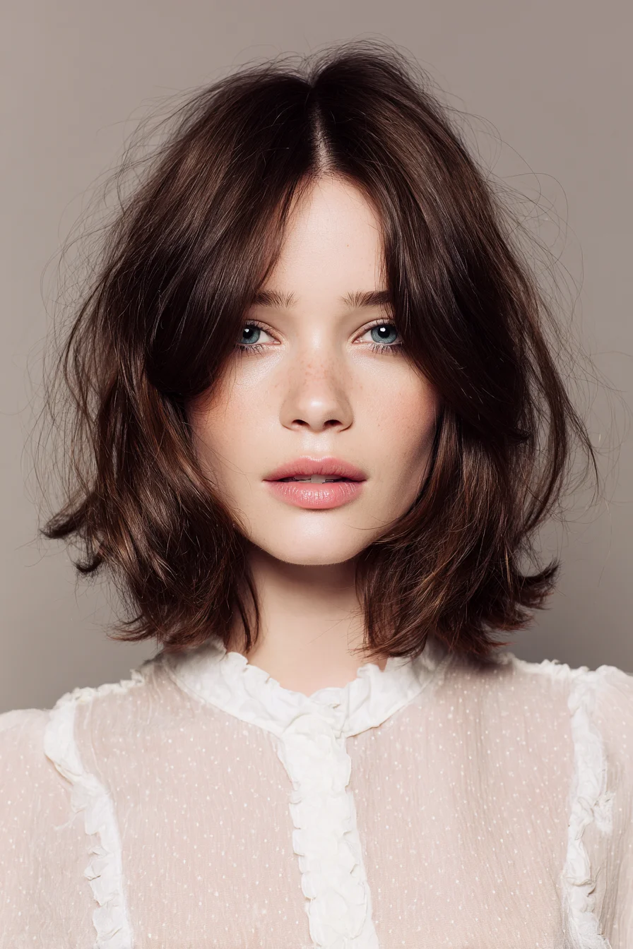 Textured Shoulder-Length Lob with Curtain Bangs