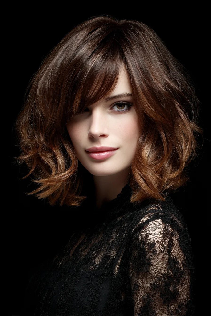 Textured Shoulder-Length Lob with Face-Framing Layers and Side-Swept Fringe