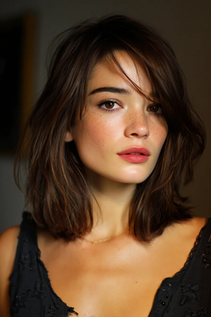 Textured Shoulder-Length Lob with Soft Curtain Fringe