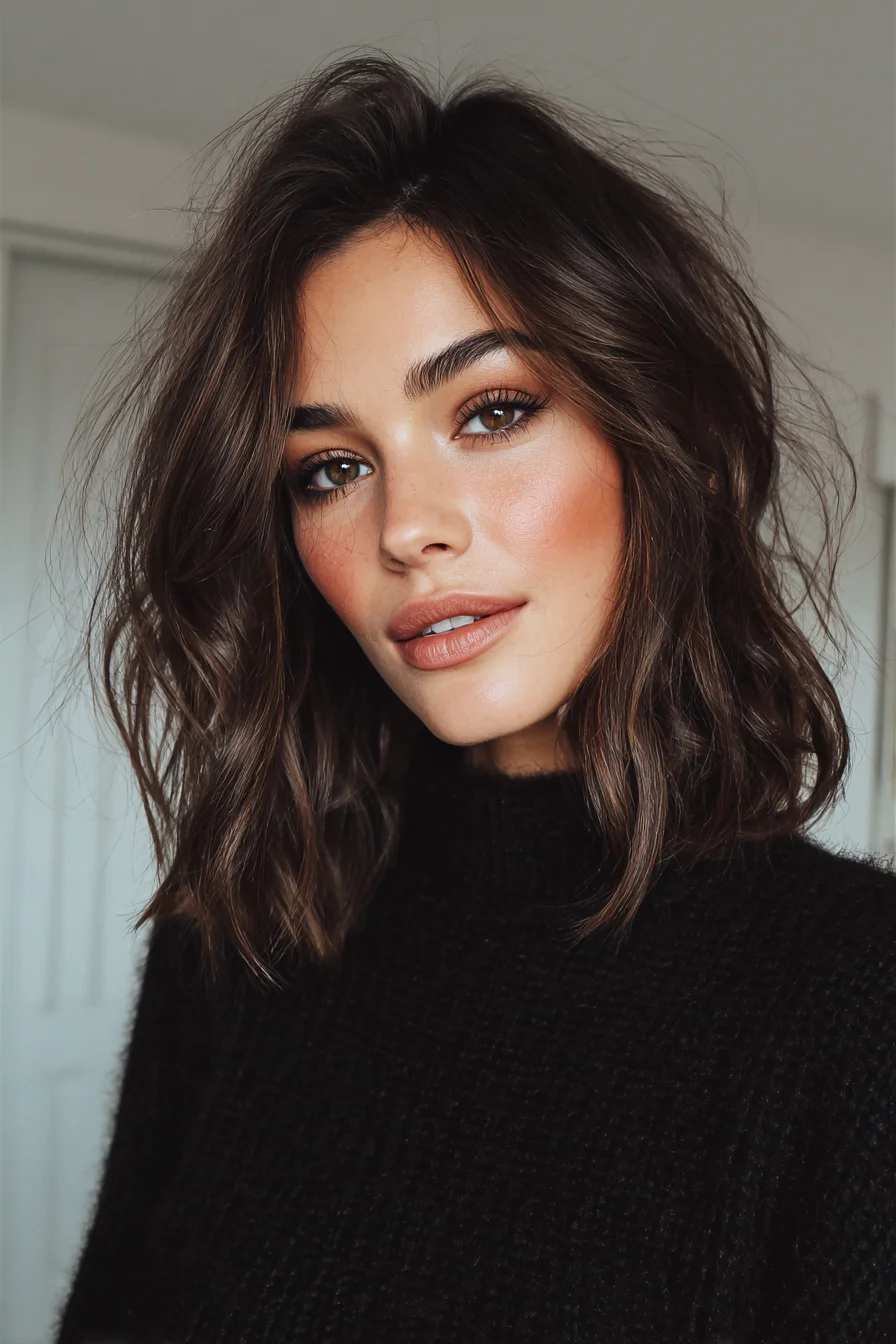 Textured Shoulder-Length Lob with Soft Curtain Layers and Tousled Waves