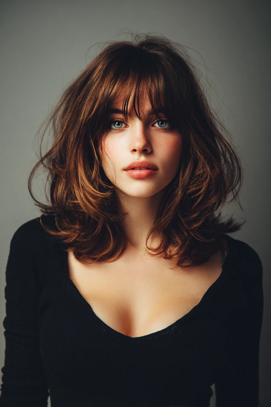 Textured Shoulder-Length Shag with Blunt Fringe