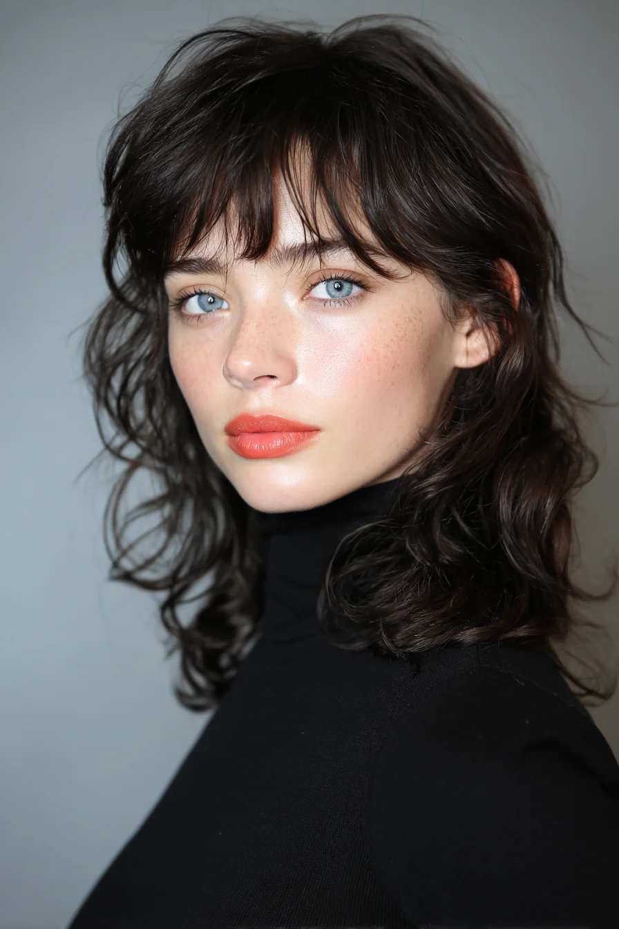 Textured Shoulder-Length Shag with Wispy Curtain Bangs for Wavy Hair