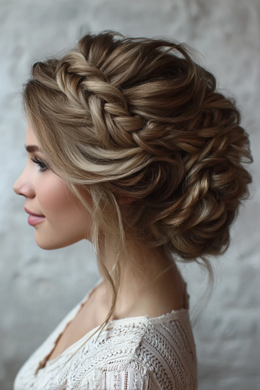 Textured Side Dutch Braid into Low Messy Bun Updo