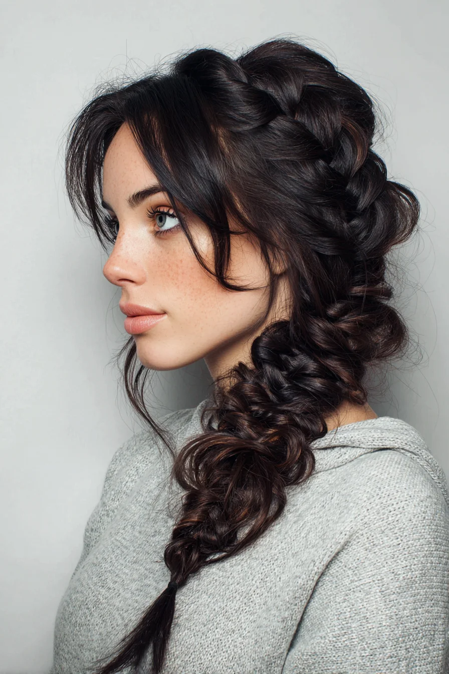 Textured Side Fishtail Braid with Voluminous Boho Waves