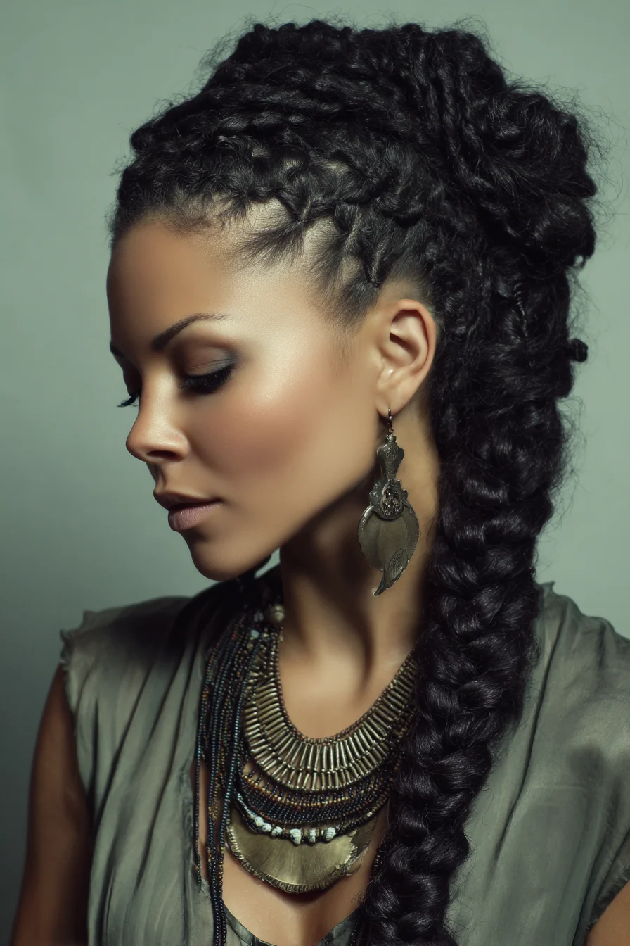 Textured Side-Swept Cornrow into Chunky Braid Updo
