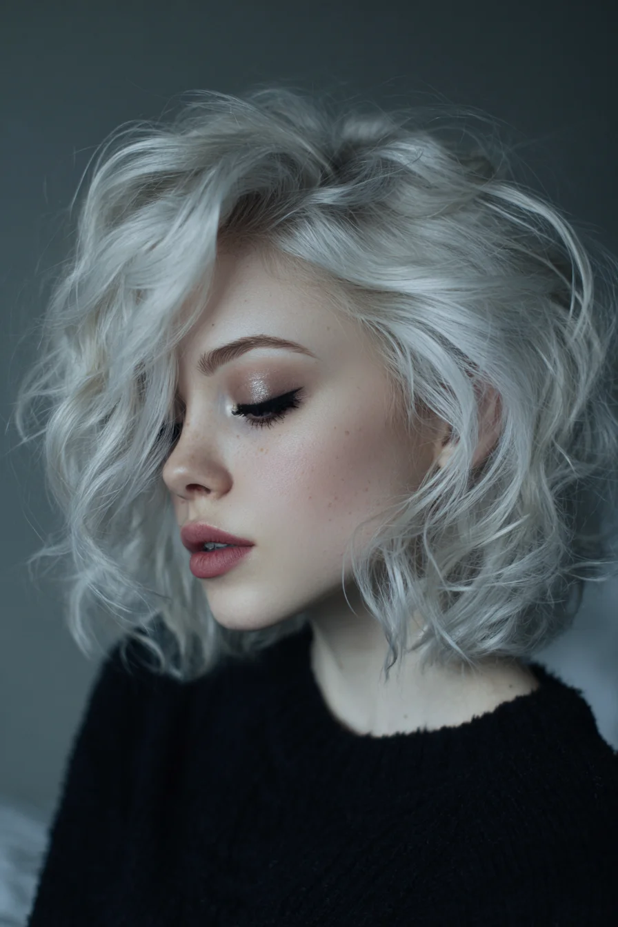 Textured Silver-Blonde Wavy Bob — Tousled Volume & Face‑Framing Layers