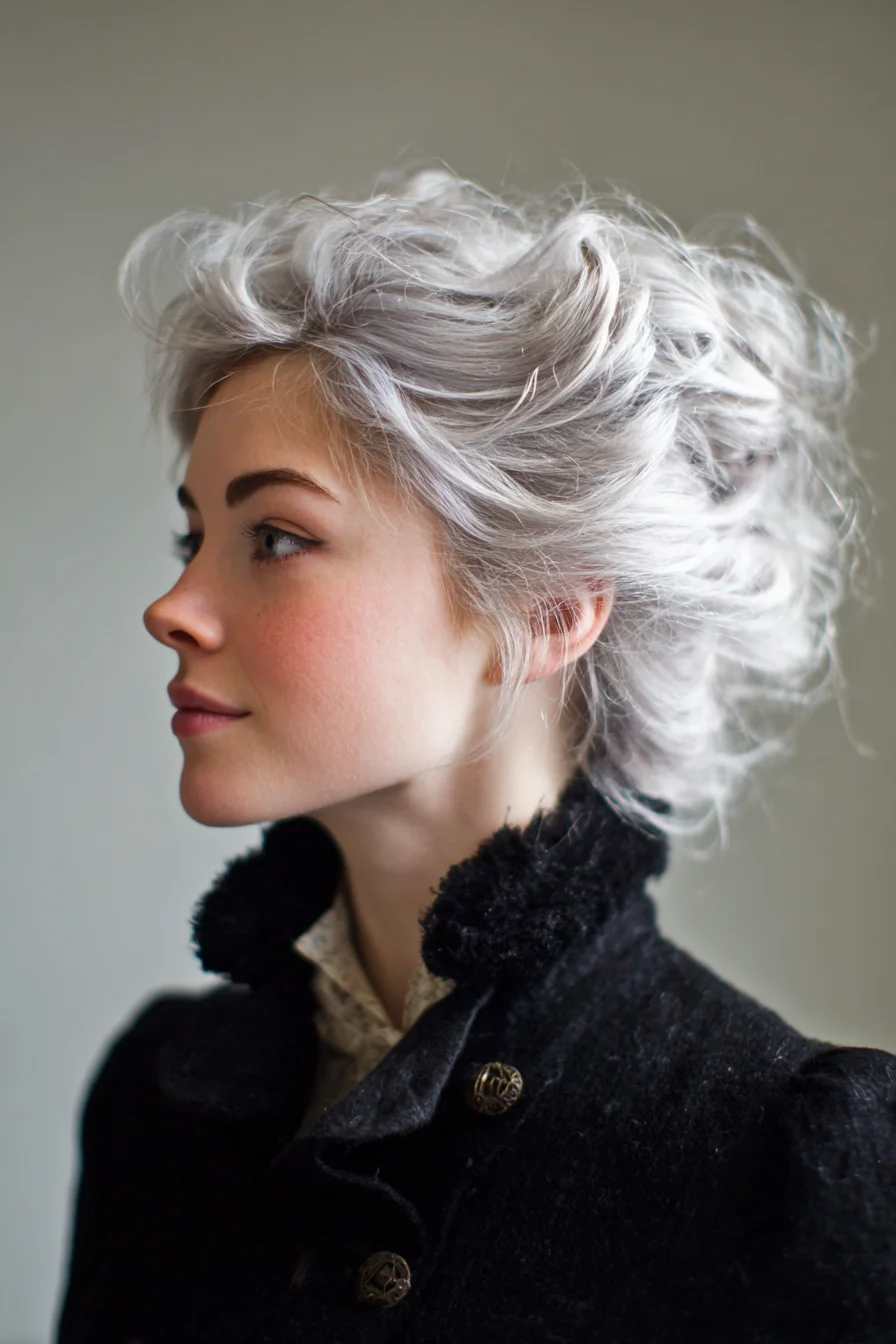 Textured Silver Short Updo — Voluminous Tousled Waves for Grey Hair