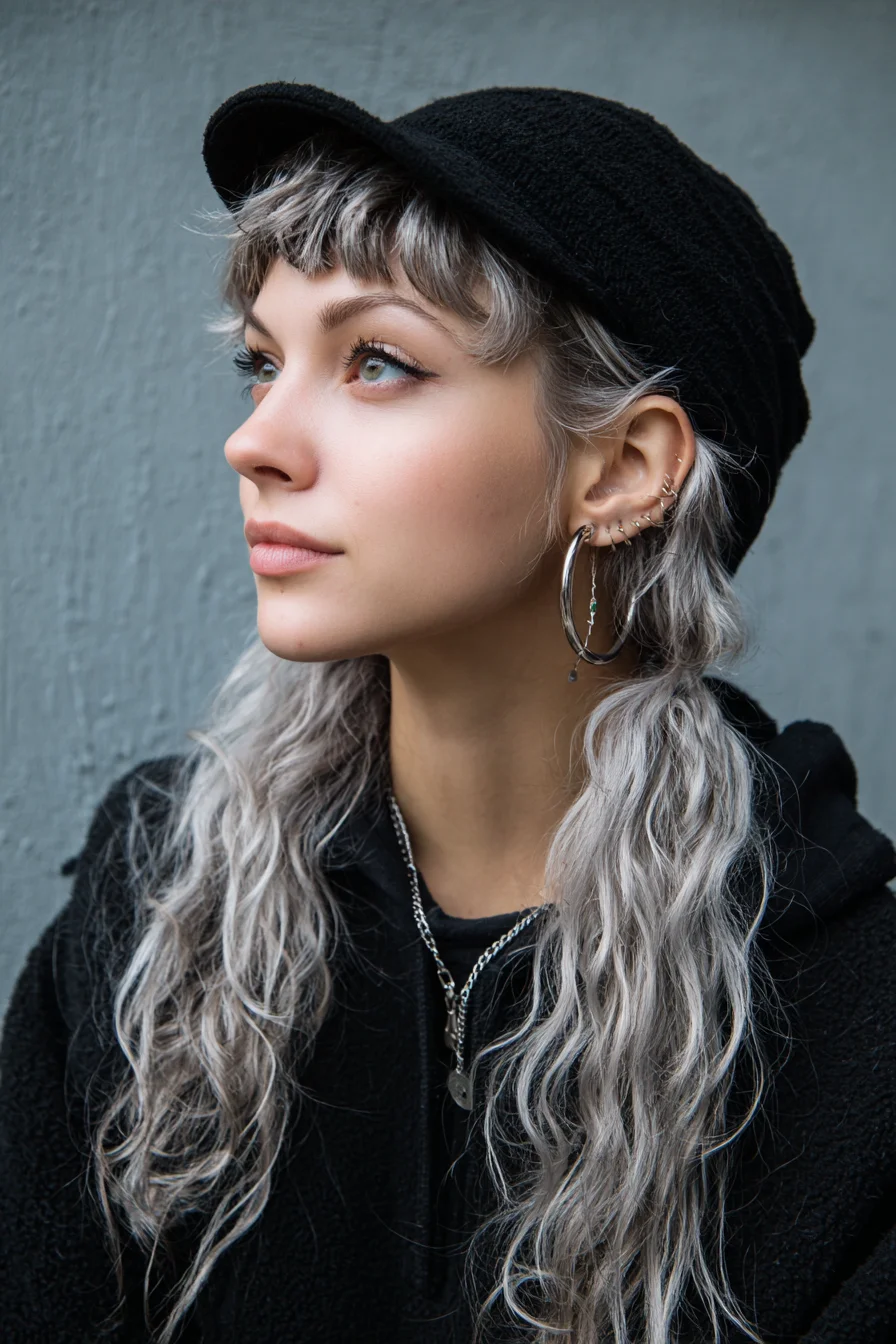 Textured Silver Waves with Choppy Micro‑Bangs and Low Pigtails