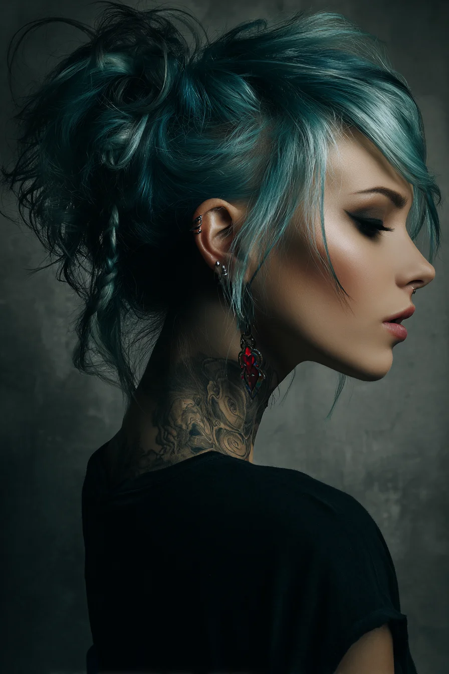 Textured Teal Messy Updo with Face‑Framing Layers and Small Side Braid