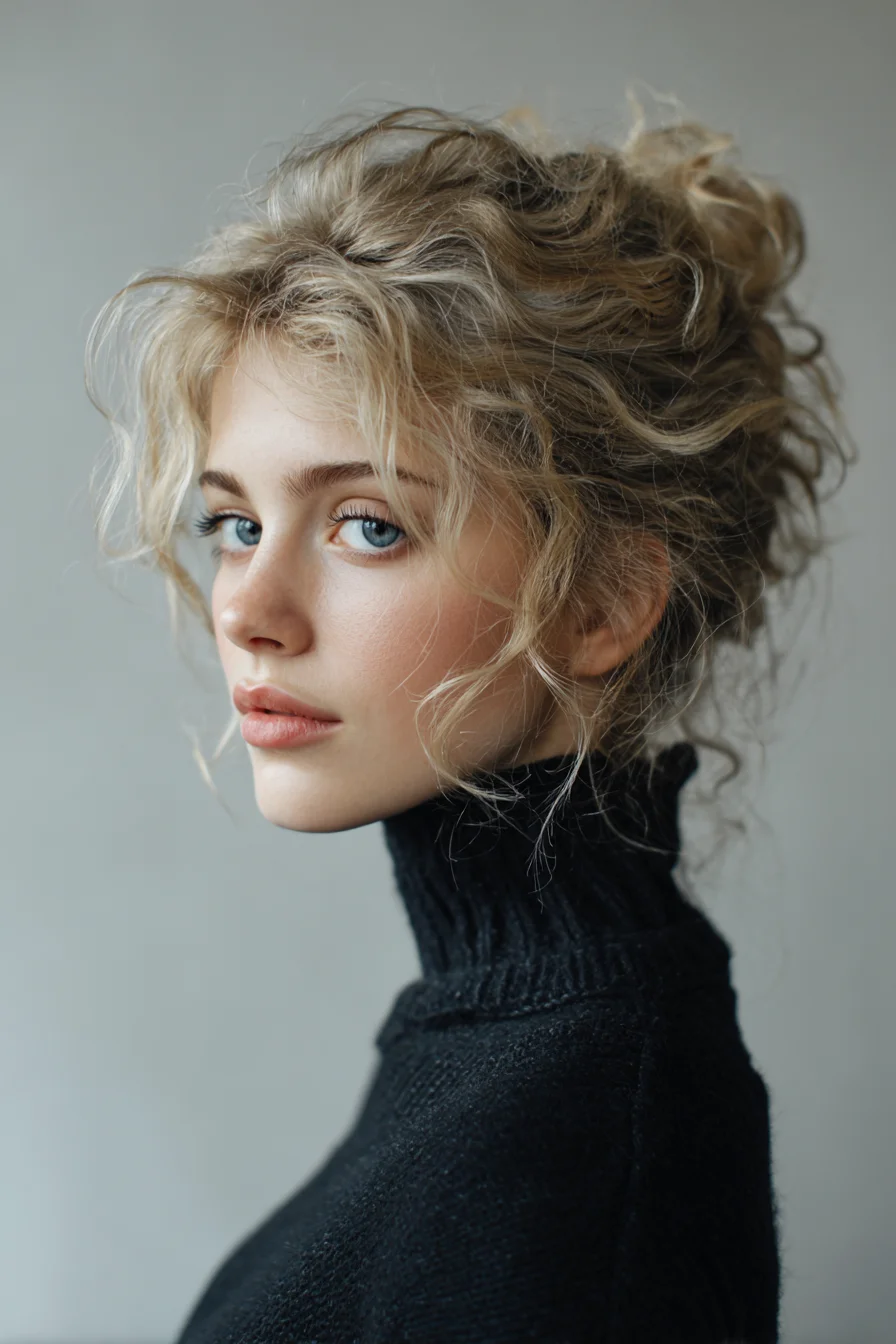 Textured Tousled Curly Updo with Face‑Framing Tendrils