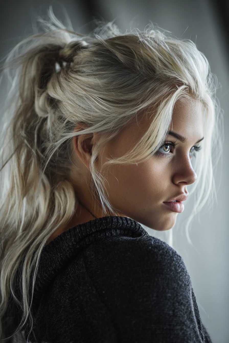 Textured Tousled High Ponytail with Braided Wrap and Face‑Framing Pieces