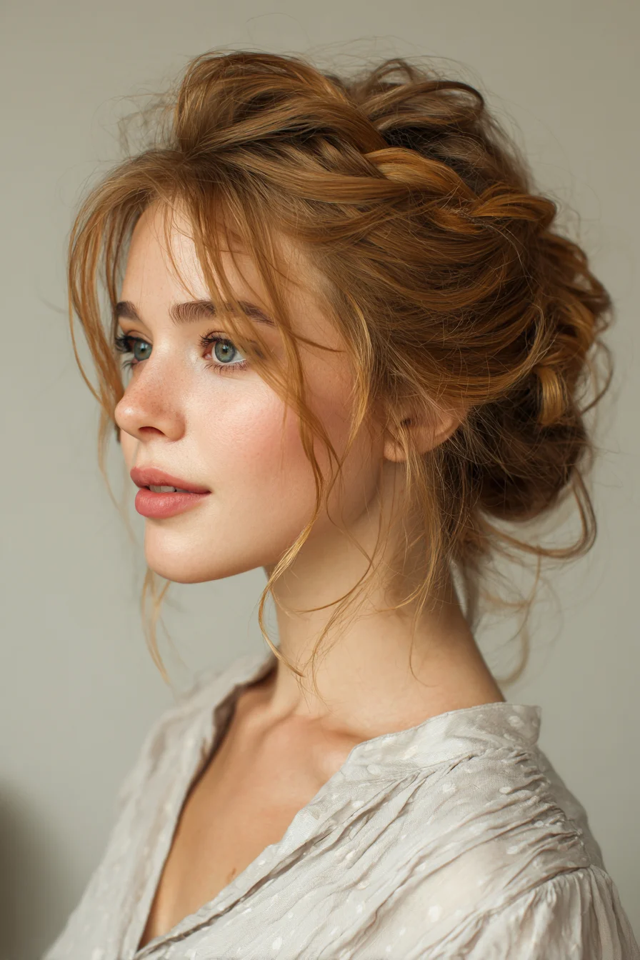 Textured Tousled Low Updo with Face‑Framing Tendrils