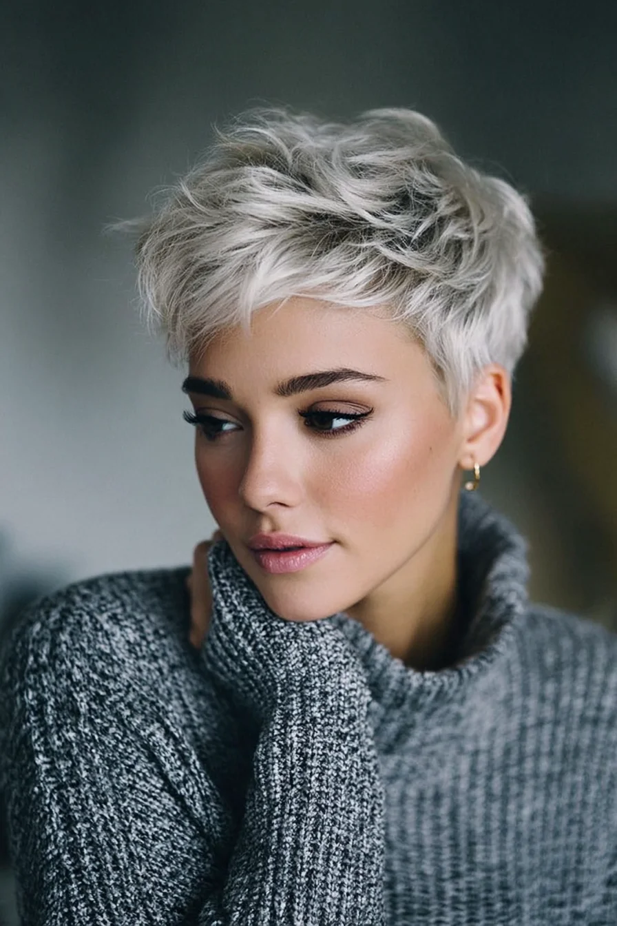Textured Tousled Pixie Cut with Tapered Sides — Short Layered Platinum Style