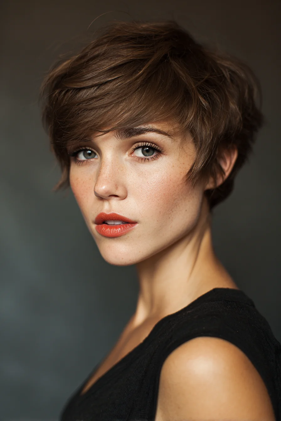 Textured Tousled Pixie with Long Side-Swept Fringe