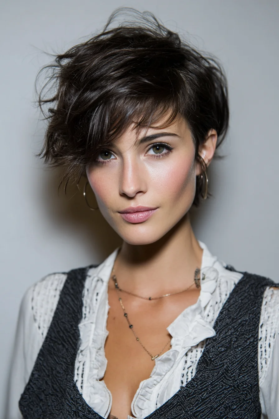 Textured Tousled Pixie with Side‑Swept Fringe — Choppy Layered Cut