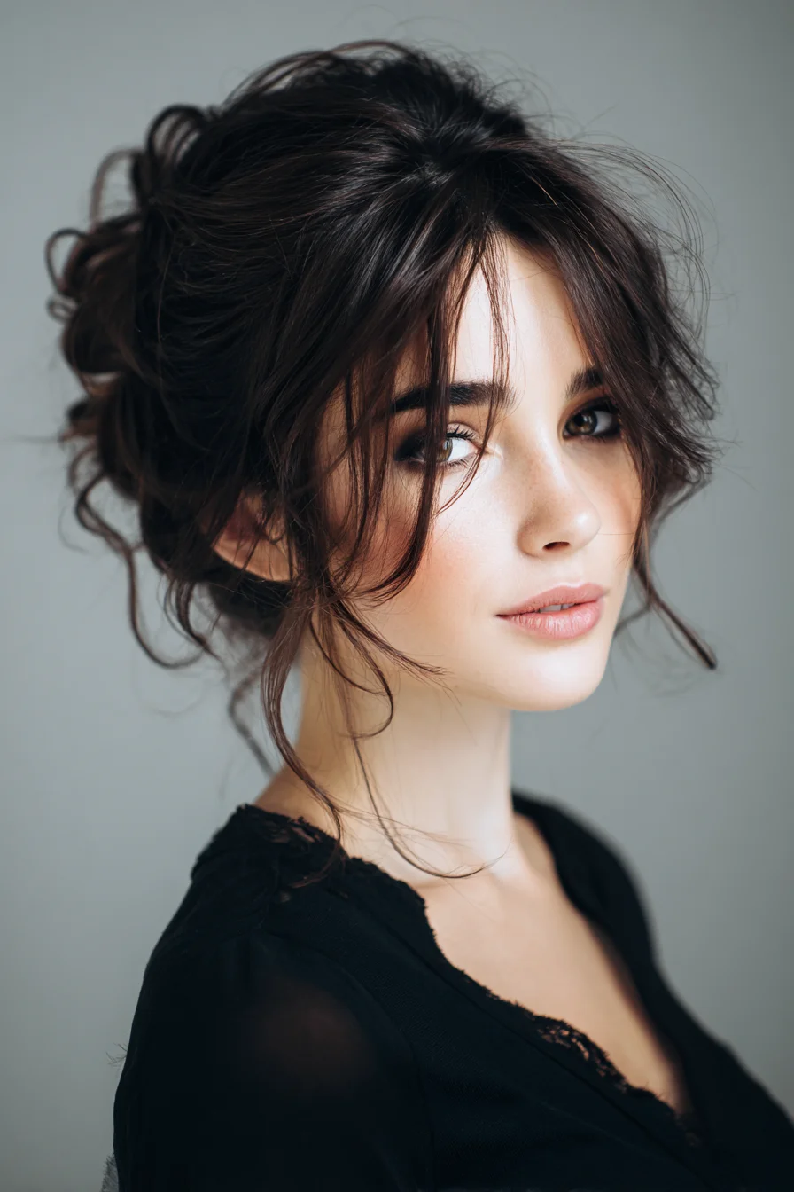 Textured Tousled Updo with Soft Curtain Bangs