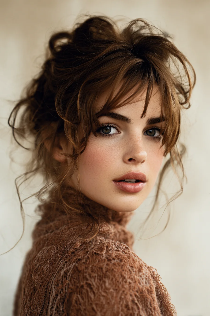 Textured Tousled Updo with Wispy Face‑Framing Bangs