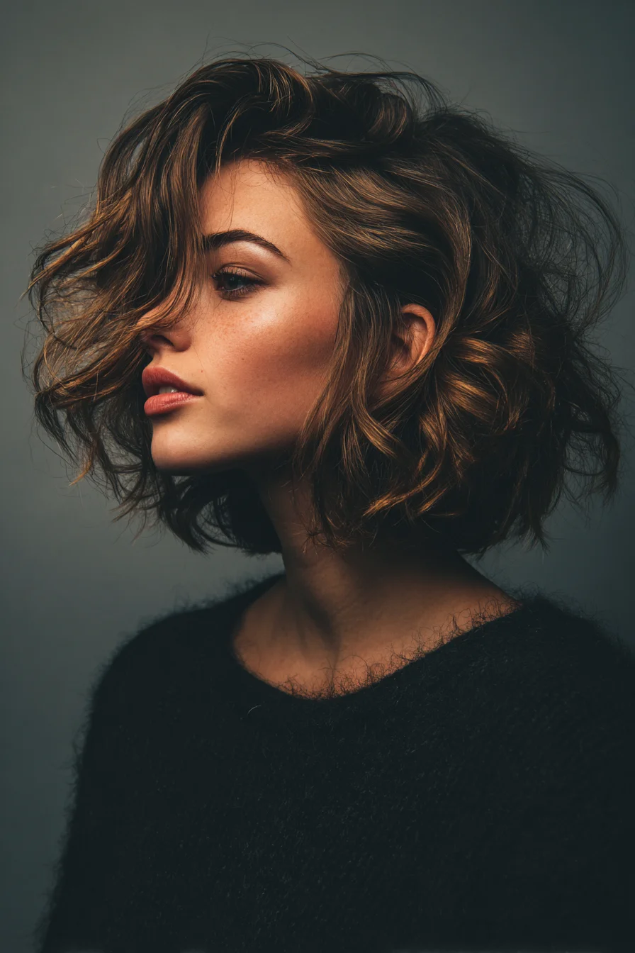 Textured Tousled Wavy Bob with Side‑Swept Fringe