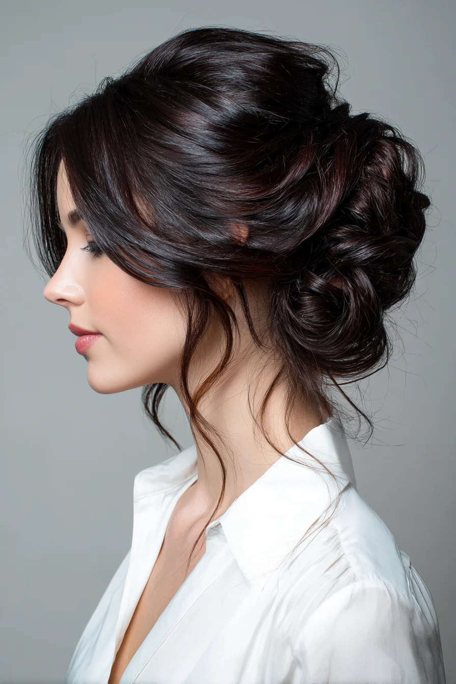 Textured Twisted Low Chignon with Face‑Framing Tendrils
