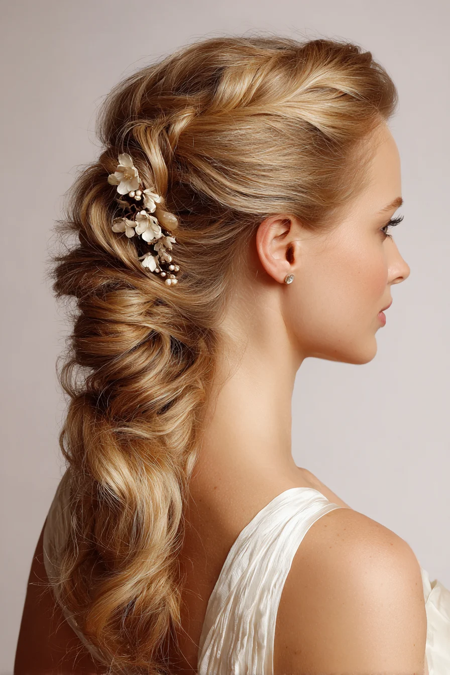 Textured Twisted Low Ponytail with Floral Accent — Soft Bridal Updo