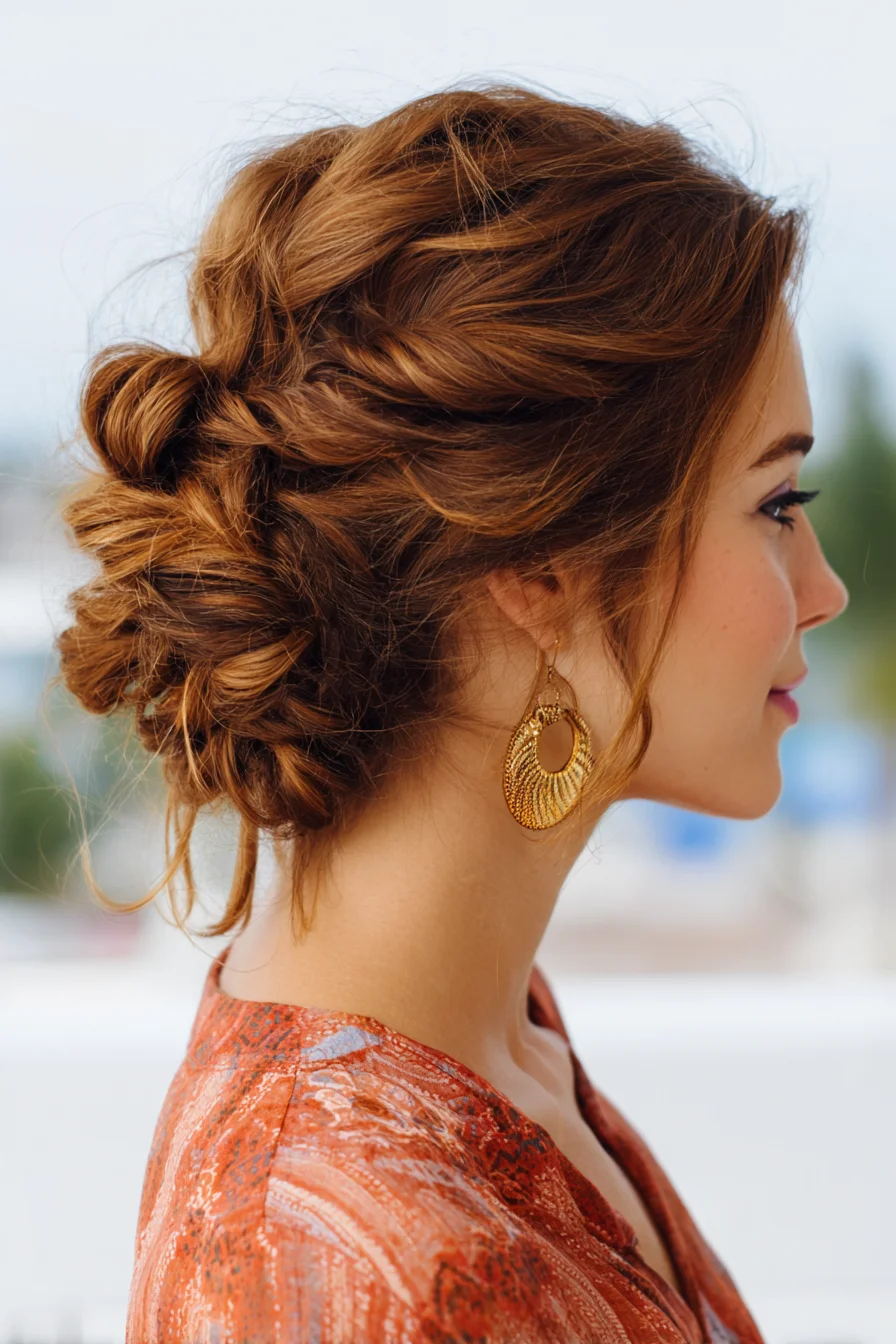 Textured Twisted Low Updo with Face‑Framing Tendrils