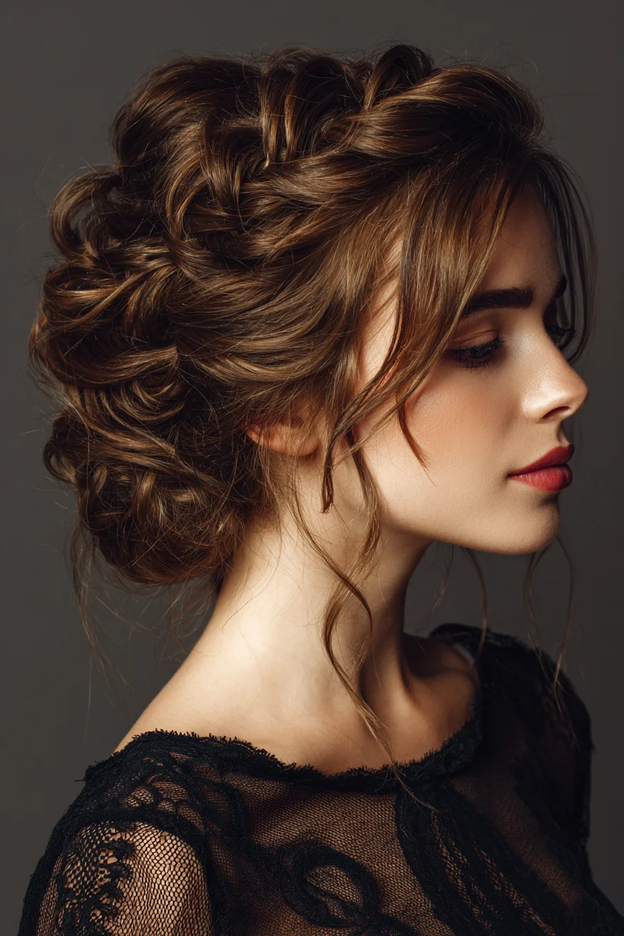 Textured Twisted Low Updo with Tousled Crown and Face-Framing Tendrils