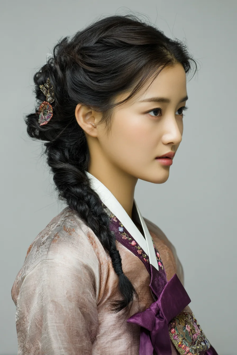 Textured Twisted Side Braid Updo with Decorative Hairpin