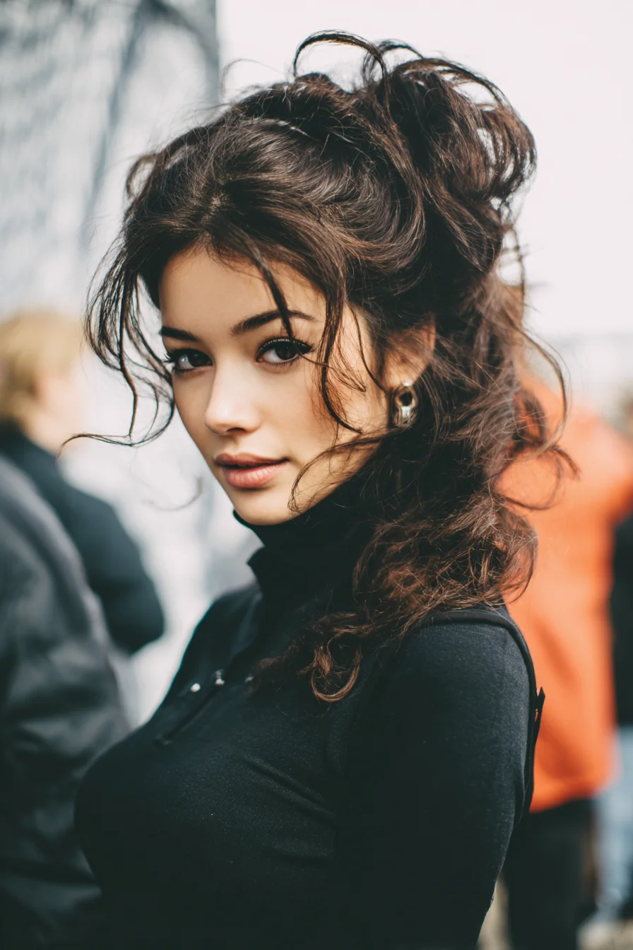 Textured Voluminous Curly Half‑Up Ponytail with Tousled Face‑Framing Strands