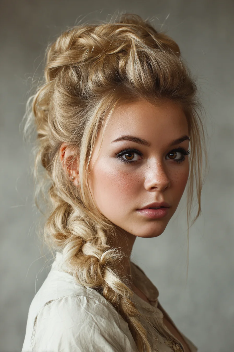 Textured Voluminous Side Braid with Loose Face‑Framing Tendrils