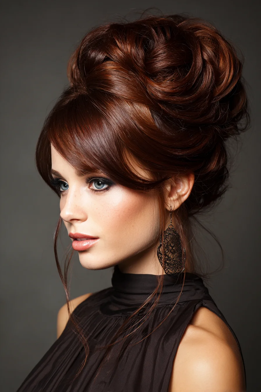 Textured Voluminous Updo with Side-Swept Bangs