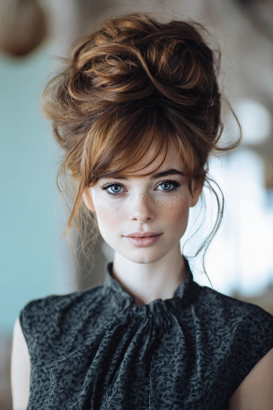 Textured Voluminous Updo with Wispy Bangs
