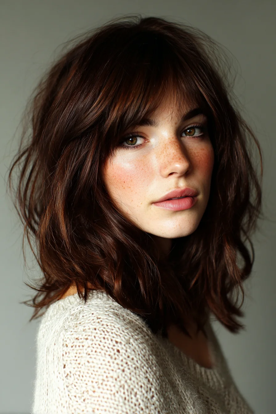 Textured Wavy Lob with Soft Curtain Bangs