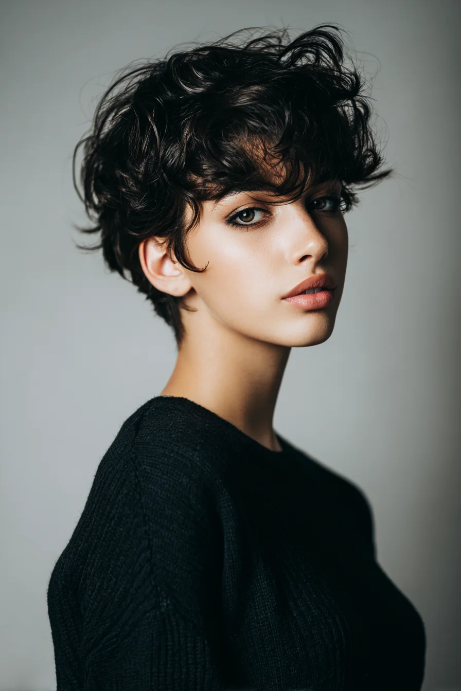 Textured Wavy Pixie with Long Fringe — Tousled Short Curly Cut