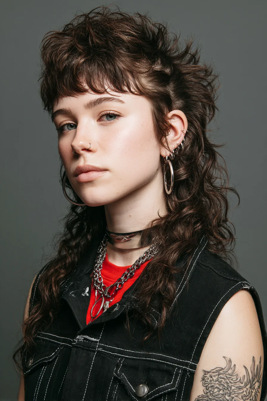 Textured Wavy Shag-Mullet with Short Fringe
