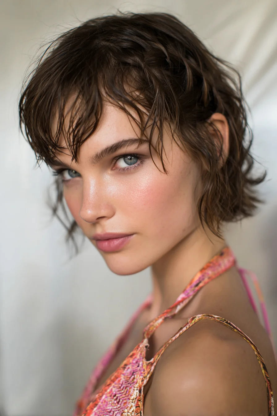 Textured Wet‑Look Short Bob with Wispy Fringe and Choppy Layers
