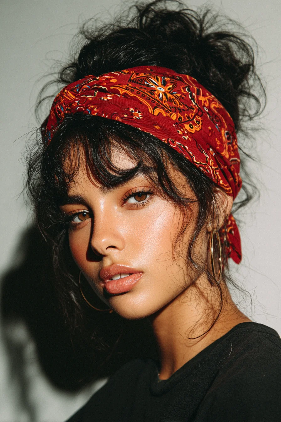 Tousled High Bun with Bandana Headwrap and Curtain Bangs