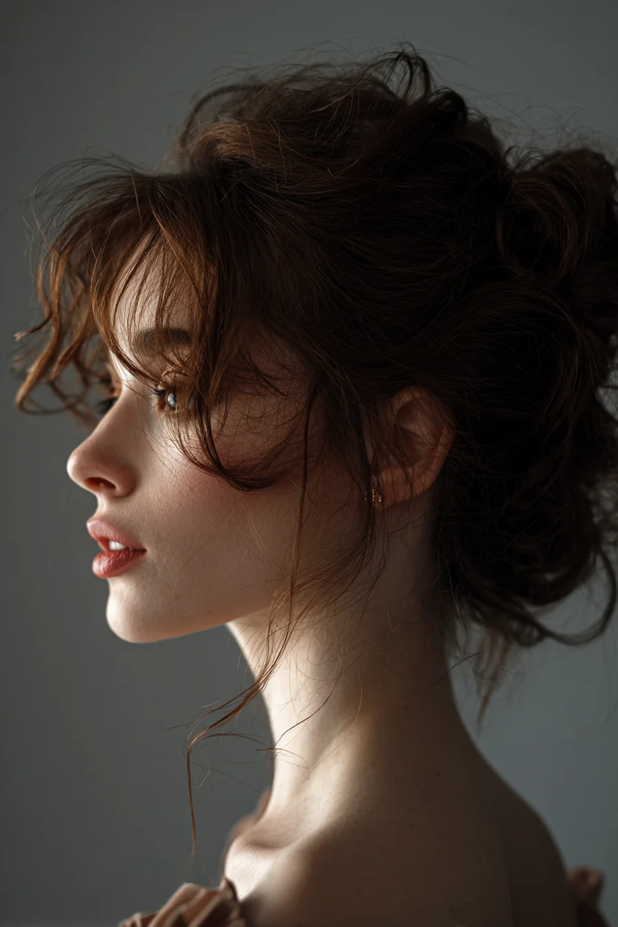 Tousled Romantic Updo with Face‑Framing Wispy Tendrils