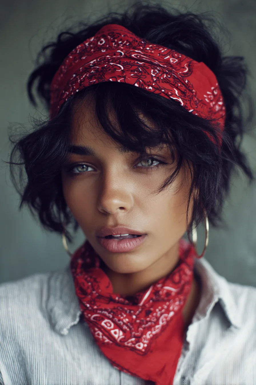 Tousled Short Shag with Curtain Bangs and Bandana Accessory