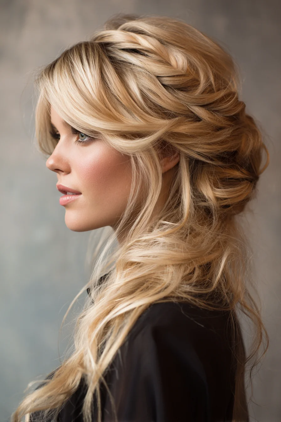Tousled Side Braid Into Low Romantic Updo with Face‑Framing Layers