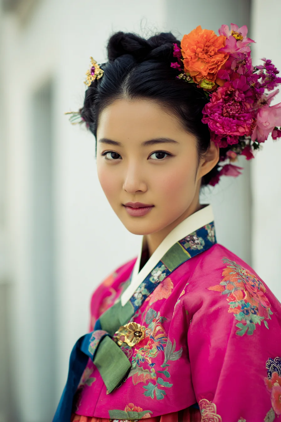 Traditional Korean Floral Updo — Braided Crown with Decorative Blooms